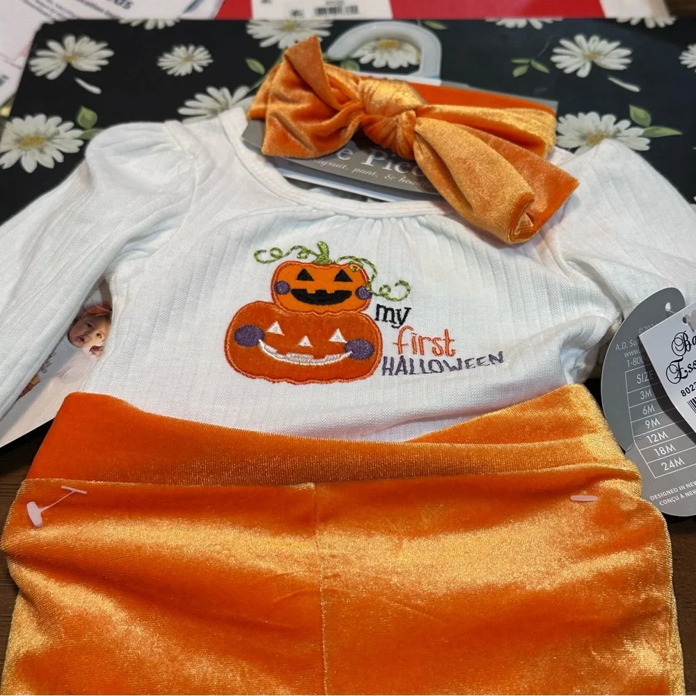 My First Halloween Pumpkin Costume Set - Orange velvety flare pants size 6 month